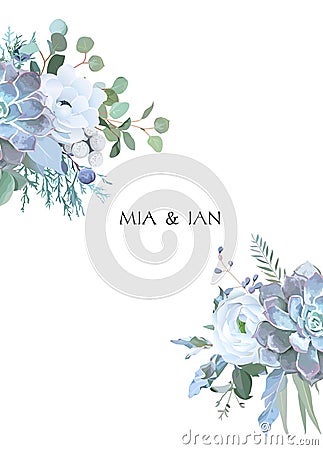 Dusty blue and white flowers, ranunculus, anemone, eucalyptus, j Vector Illustration