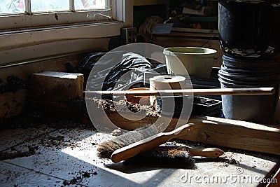 Dusty dark old potting shed Stock Photo