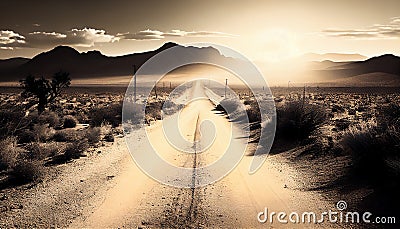 A dusty desert road, rugged, barren, arid, winding, expansive, captured with a vintage, Generative AI, illustration Stock Photo