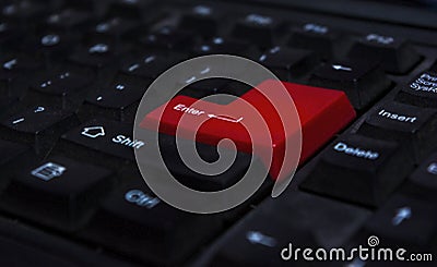 Dusty Old Computers Keyboard And Selective Focus On Red Enter Key Stock Photo