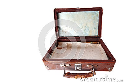 Dusty open brown leather suitcase Stock Photo