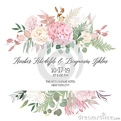 Dusty pink blush, white and creamy hydrangea, peony flowers vector design Vector Illustration