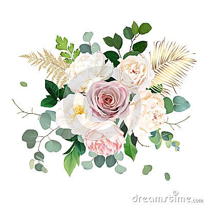 Dusty pink blush, white and creamy rose flowers vector design wedding bouquet Vector Illustration