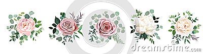 Dusty pink blush, white and creamy rose flowers vector design wedding bouquets Vector Illustration