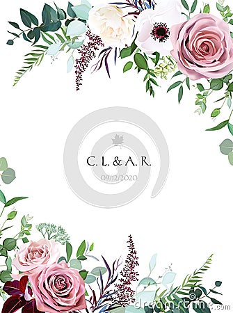 Dusty pink, cream rose, pale flowers, white anemone vertical botanical vector design banner Stock Photo