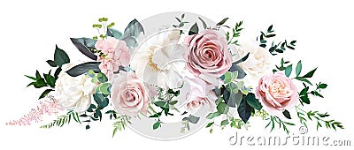 Dusty pink and cream rose, peony, hydrangea flower, tropical leaves vector garland Vector Illustration