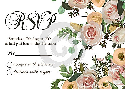 Dusty pink, creamy antique rose, pale flowers vector design wedding ravp frame. Flowers, eustoma, brunia, fern, eucalyptus, Vector Illustration