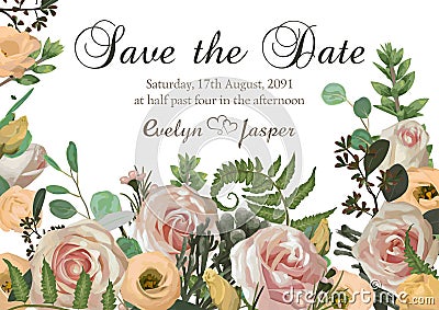 Dusty pink, creamy antique rose, pale flowers vector design wedding ravp frame. Flowers, eustoma, brunia, fern, eucalyptus, Vector Illustration