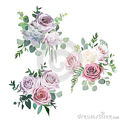 Dusty pink,creamy white and mauve antique rose vector design wedding bouquets Vector Illustration