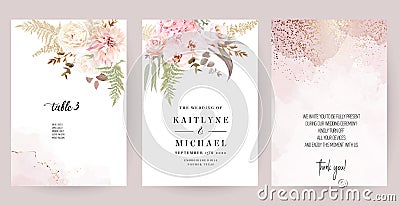 Dusty pink and ivory beige rose, pale hydrangea, fern, dahlia, ranunculus, fall leaf Vector Illustration