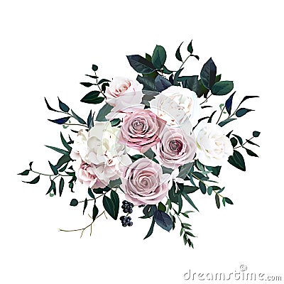 Dusty pink, pastel, white flowers glamour vector design wedding bouquet Vector Illustration