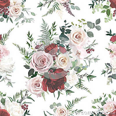 Dusty pink and red rose, burgundy peony, orchid, hydrangea flowers, sage eucalyptus, fern, greenery vector design Vector Illustration