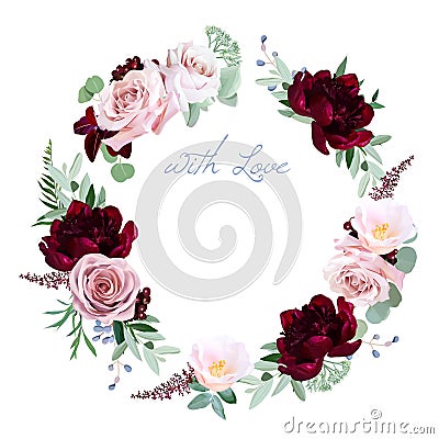 Dusty rose, burgundy red peony, camellia, greenery vector Vector Illustration