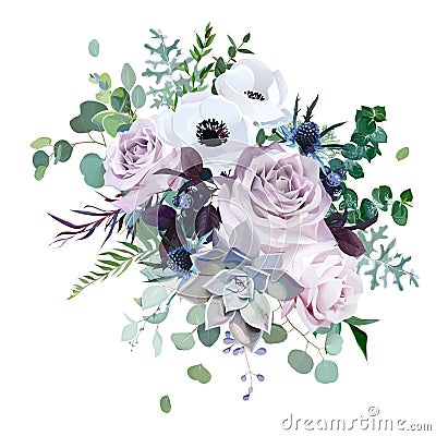 Dusty violet lavender, mauve antique rose, purple pale flowers Vector Illustration