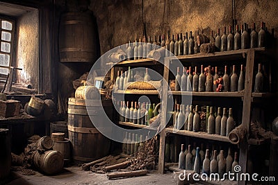 dusty wine bottles aging on wooden racks Stock Photo