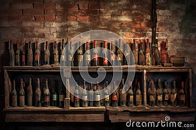 dusty wine bottles aging on wooden racks Stock Photo