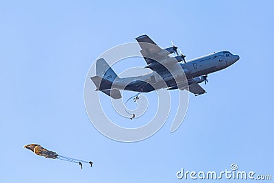Dutch Airforce plane dropping paratroopers Editorial Stock Photo