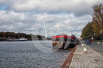 Dutch canal near Utrecht with sailing and moored ships Editorial Stock Photo