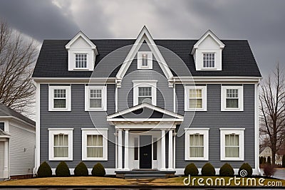 dutch colonial facade with enhanced dormer windows under gray sky Stock Photo