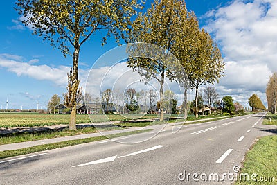 Dutch country road with farmhouse and trees in spring time Stock Photo