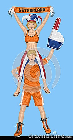 Dutch Fans Supporting Netherland Team with Scarf and Foam Finger Vector Illustration