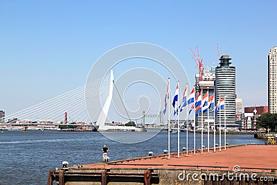 Dutch flags along Nieuwe Maas River, Rotterdam, Holland Editorial Stock Photo