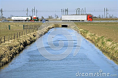 Dutch infrastructure: waterworks, highway and railroad Editorial Stock Photo