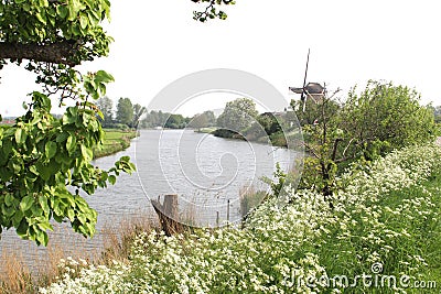 Dutch landscape with windmill & Linge river, Betuwe, Netherlands Stock Photo
