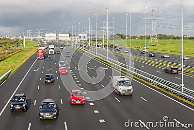 Dutch motorway A1 near Amsterdam with fourteen driving lanes Editorial Stock Photo