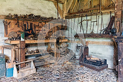 Dutch rural open-air museum with carpenter workplace and old tools Stock Photo