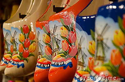 Dutch traditional old wind mills on the wooden shoes Editorial Stock Photo