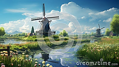 Dutch windmills green fields canals tulips Digital Art_010 Stock Photo