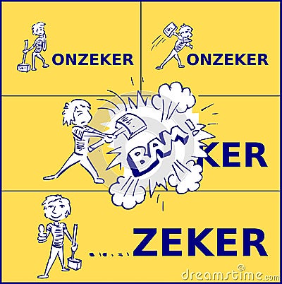 Dutch word unsure becomes sure after a boy slams with a hammer. Vector Illustration