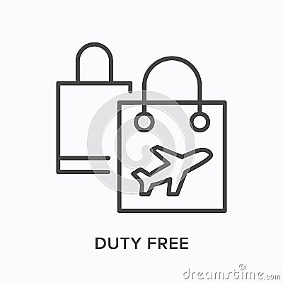 Duty free flat line icon. Vector outline illustration of shopping bags with airplane. Airport purchase thin linear Vector Illustration