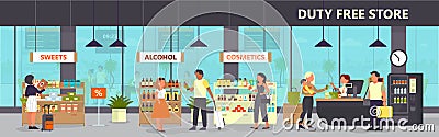 Duty free interior in the airport building. People buying cheap products Vector Illustration