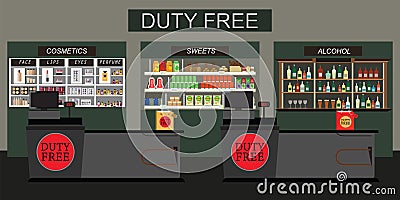 Duty free store with counter cashier Vector Illustration