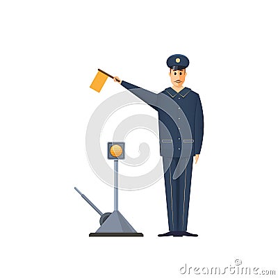 Duty railroader, officer at station is signaling. Controller railway station. Vector Illustration