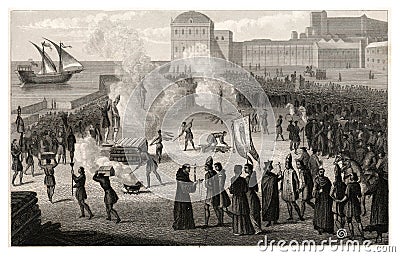 1847Antique Print: Burning of Heretics during the Spanish Inquistion Stock Photo