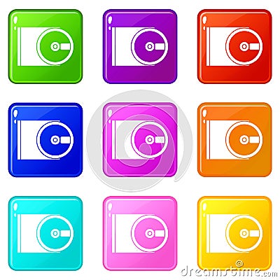 DVD drive open icons 9 set Vector Illustration