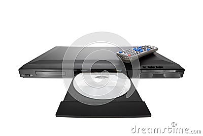 DVD player ejecting disc with remote control Stock Photo