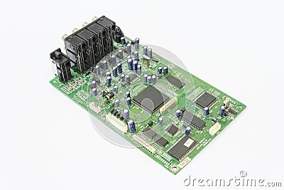 DVD Player motherboard repair close-up, electronic hardware concept Stock Photo