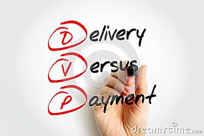 DVP - Delivery Versus Payment is a common form of settlement for securities, acronym text concept background Stock Photo
