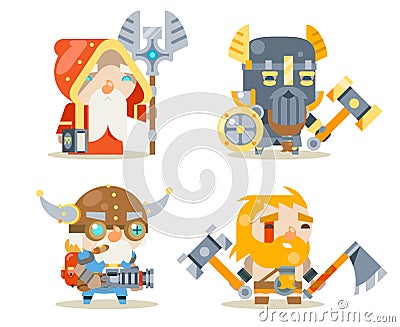Dwarfs Warrior Defender Rune Mage Priest Berserker Engineer Inventor Worker Fantasy RPG Game Character Vector Icons Set Vector Illustration