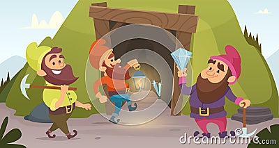 Dwarves in the mine. Vector characters of dwarves which mine golden rocks Vector Illustration