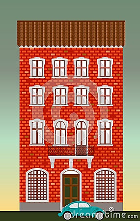 Dwelling house. Classical town architecture. Vector historical building. City infrastructure. Cityscape old red brick house. Real Vector Illustration