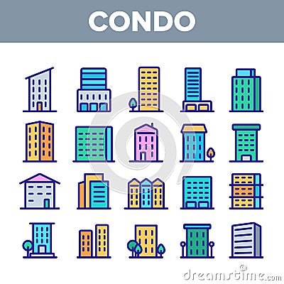 Dwelling House, Condo Linear Vector Icons Set Vector Illustration