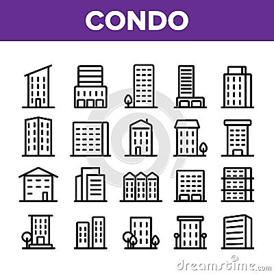 Dwelling House, Condo Linear Vector Icons Set Vector Illustration