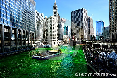 Dyeing of the Chicago river on Saint Patrick`s day Editorial Stock Photo