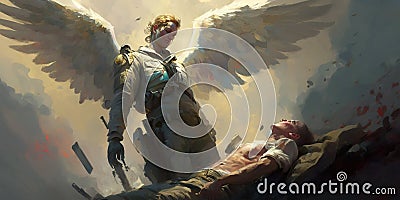 Dying soldier, soul flies to heaven in the clouds Generative AI Stock Photo