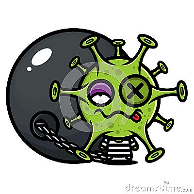 The dying virus cartoon character becomes an iron chained convict Vector Illustration